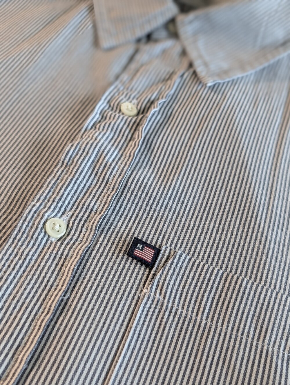 Vintage Polo Jeans Flag-Emblem Blue Stripe Cotton Button-Up Short Sleeve Shirt